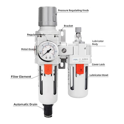 NANPU 1/2" NPT Auto-Drain Air Filter Regulator Lubricator Combo (FRL) Water/Oil Trap Separator - Gauge(0-150 psi), 5 Micron Brass Element, Poly Bowl, Metal Bracket