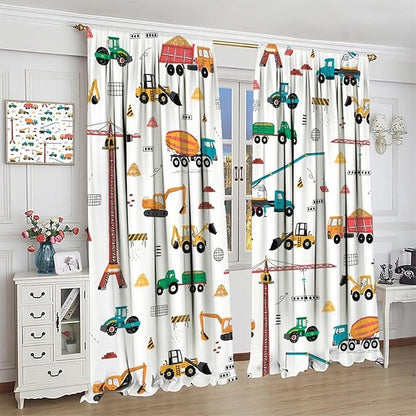 Construction Window Curtains, Kids Cartoon Construction Machines Building Hand Drawn Doodle Rod Pocket Decorative Windows Curtain for Children Teens Room Decor 84x84in (30% Blackout)