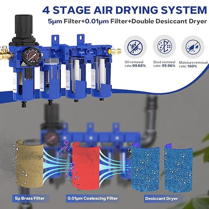 3/8 Inch NPT 4 Stage Air Drying System,Brass Filter, Coalescing Filter,Double Desiccant Dryers & Air Regulator,Metal Bowl, Semi-Auto Drain,Industrial Grade(Blue)