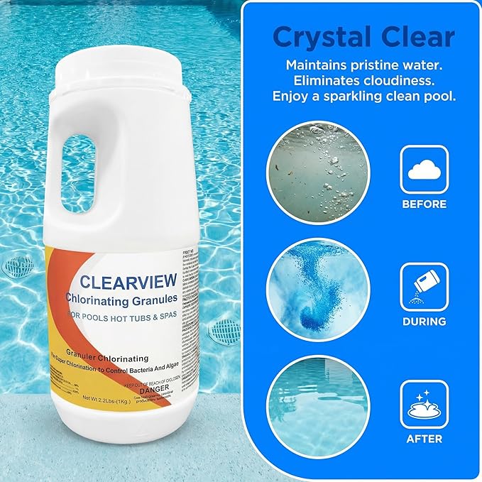 ClearView Chlorine Granules 2.2 Lbs for Swimming Pools, Pool Chlorine Shock Granular Sanitizer for Spas, Fast Dissolving Chlorinating Granules for Hot Tubs