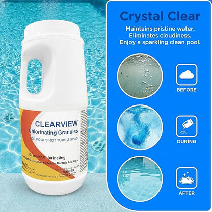 ClearView Chlorine Granules 2.2 Lbs for Swimming Pools, Pool Chlorine Shock Granular Sanitizer for Spas, Fast Dissolving Chlorinating Granules for Hot Tubs