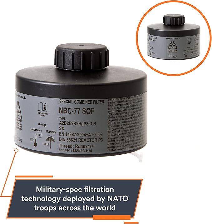 MIRA Safety - NBC-77 SOF - Single 40mm Gas Mask Filter - Special Combined CBRN Respirator Filters - NATO Standard Size (40mm x 1/7") - Canister Filter Fits CBRN Gas Masks - 20 Year Shelf Life