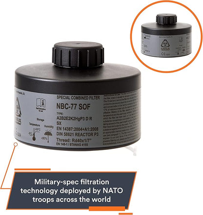 MIRA Safety - NBC-77 SOF - Single 40mm Gas Mask Filter - Special Combined CBRN Respirator Filters - NATO Standard Size (40mm x 1/7") - Canister Filter Fits CBRN Gas Masks - 20 Year Shelf Life