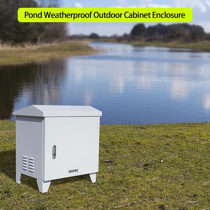Pond, Water Garden Weatherproof Outdoor Cabinet Enclosure for Pond Aerator, Air Pump 20”W×15”D×19”H with pre-drilled knockouts, 110V Cooling Fan and pre-wired outlet included