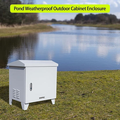 Pond, Water Garden Weatherproof Outdoor Cabinet Enclosure for Pond Aerator, Air Pump 20”W×15”D×19”H with pre-drilled knockouts, 110V Cooling Fan and pre-wired outlet included
