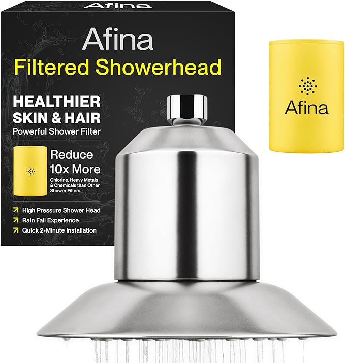 Afina Filtered Shower Head, Shower Filter for Hard Water | Improves Skin & Hair by Removing Chlorine & Toxic Chemicals from Hard Water (1.8 Gallon Per Minute California, Brushed Nickel)