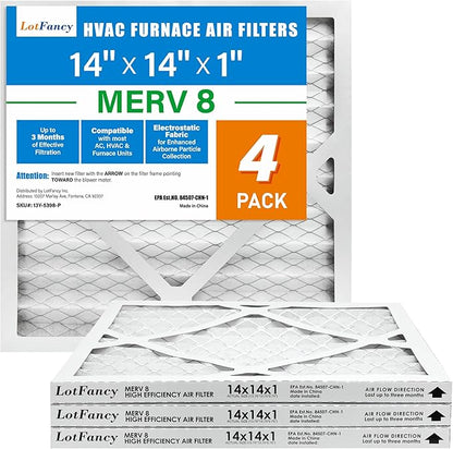LotFancy 14x14x1 Air Filter MERV 8 4-Pack, Electrostatic Pleated Furnace & AC Filter, Captures Dust, Pet Hair, Pollen, Actual Size: 13.75"x13.75"x0.75"