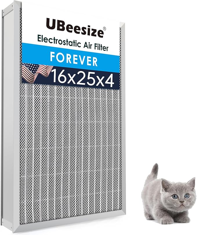 UBeesize 16x25x4 Reusable Air Filter - Washable, MERV 8,Permanent, Electrostatic - Lasts a Lifetime - Enjoy Fresher Air in Home and Office HVAC AC Furnace Systems(Actual Size:15.35x24.37x3.58Inch)