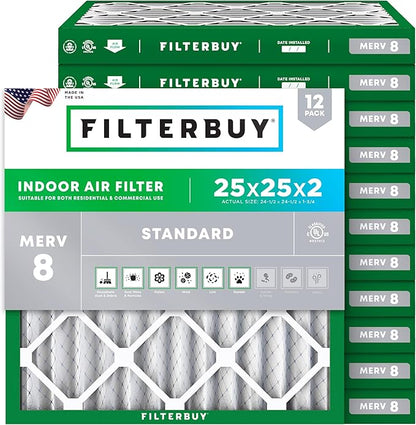 Filterbuy 25x25x2 Air Filter MERV 8 Essential Dust & Allergy Defense (12-Pack), Electrostatic Pleated HVAC AC Furnace Filters Replacement, Made in USA (Actual Size: 24.50 x 24.50 x 1.75)