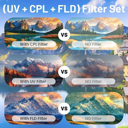 55mm 3Pack Camera Lens Filter Kit (UV-CPL-FLD), Ultra Slim Aluminum Alloy Frame UV Protection + CPL Polarizing + FLD Fluorescent Filter Optical Glass with Portable Storage Case