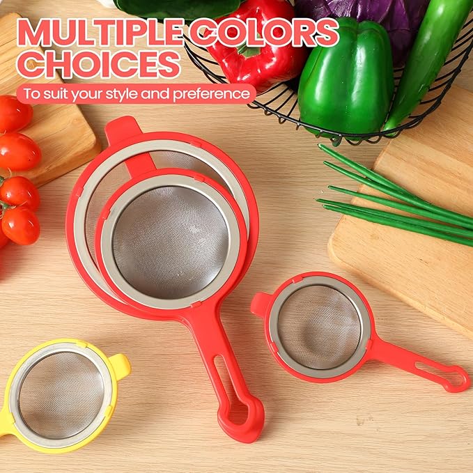 LemonRoad Set of 3 Stainless Steel Mesh Strainer 304 Fine Mesh Filters with Ergonomic Handles and Hanging Ears for Oil Filter Skimming Grease and Foam(Orange)