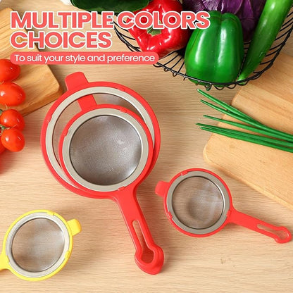 LemonRoad Set of 3 Stainless Steel Mesh Strainer 304 Fine Mesh Filters with Ergonomic Handles and Hanging Ears for Oil Filter Skimming Grease and Foam(Orange)