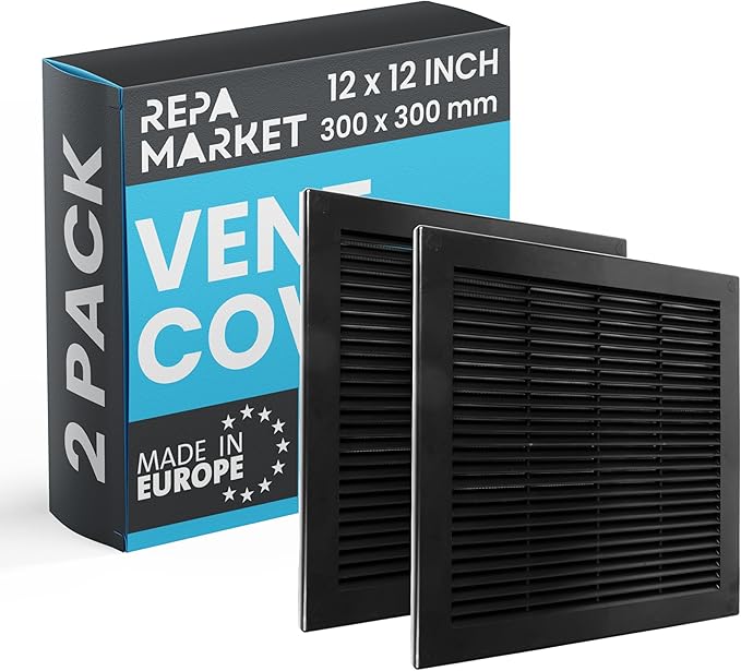 Repa Market 12 x 12 Inch (Outer) Black Square Air Vent Cover - Pack of 2 Plastic Fresh Air Intake Vent - AC Cover with Nylon Mesh Screen, Wall, Ceiling HVAC Return Air Register, Modern Soffit Vents