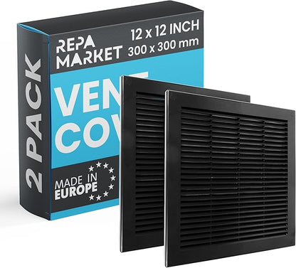 Repa Market 12 x 12 Inch (Outer) Black Square Air Vent Cover - Pack of 2 Plastic Fresh Air Intake Vent - AC Cover with Nylon Mesh Screen, Wall, Ceiling HVAC Return Air Register, Modern Soffit Vents