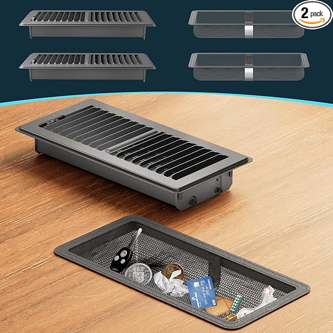 Floor Register 4 x 10 Inch, HG Power 2 Pack Heavy Duty Floor Vent Covers for Home with Screen Net, Adjust Metal Rust Proof Finish Air Vent for Kitchen, Heat, Office