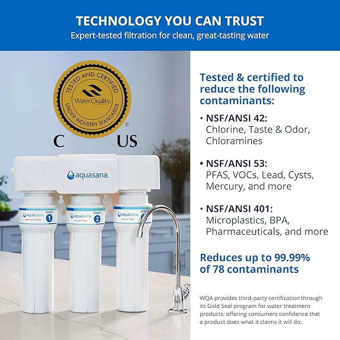 Aquasana Under Sink Water Filter | 3-Stage Max Flow Claryum Filtration | WQA Certified to Reduce PFAS, Lead & Chlorine | Under Counter Drinking Water Filter | Brushed Nickel Faucet | AQ-6300M-BN
