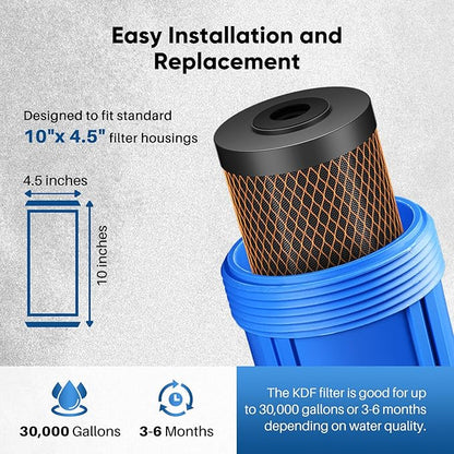 PUREPLUS 5 Micron 10" x 4.5" Whole House Coconut Shell Activated Carbon and KDF Water Filter, Heavy Metal Removal Replacement Water Filter, Compatible with GXWH40L, GXWH35F, BB10, CTO10BB-KDF, 1 PACK