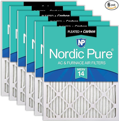 Nordic Pure 25x25x1 (Actual Size: 24 1/2 x 24 1/2 x 3/4) Pleated Air Filters MERV 14 Plus Carbon 6 Pack