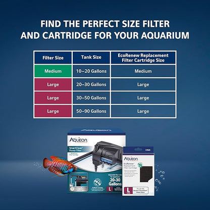 Aqueon SmartClean Power Filter with EcoRenew Filter Cartridge, Quick and Easy Water Changes, Quiet Operation, Adjustable Flow, for 20-30 Gallon Freshwater and Saltwater Aquariums, Large