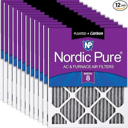 Nordic Pure 20x25x1 (19 1/2 x 24 1/2 x 3/4) Furnace Air Filters MERV 8 Pleated Plus Carbon 12 Pack