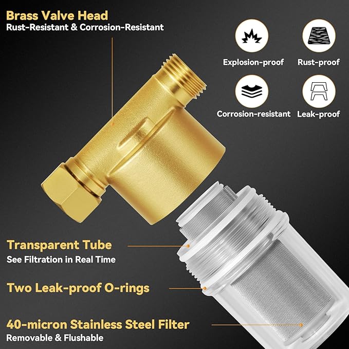 40 Micron Reusable Sediment Filter, Brass Inline Water Filter, Compatible with 1/2" NPT & 3/4" GHT, Sediment Filter for Washer, Washing Machine, Garden Hoses, High Pressure Washer, Well Water, RV
