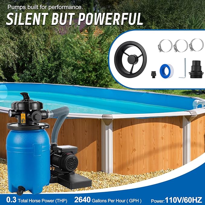 10'' Sand Pool Filter System 10000 Gallon Sand Filter with 1/3 HP Above Ground Swimming Pool Pump 6-Way Multi-Port Valve Pool Filter, Black & Blue