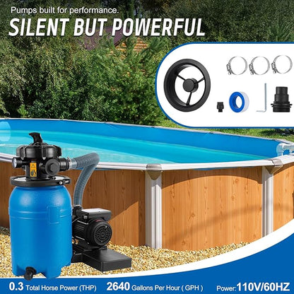 10'' Sand Pool Filter System 10000 Gallon Sand Filter with 1/3 HP Above Ground Swimming Pool Pump 6-Way Multi-Port Valve Pool Filter, Black & Blue