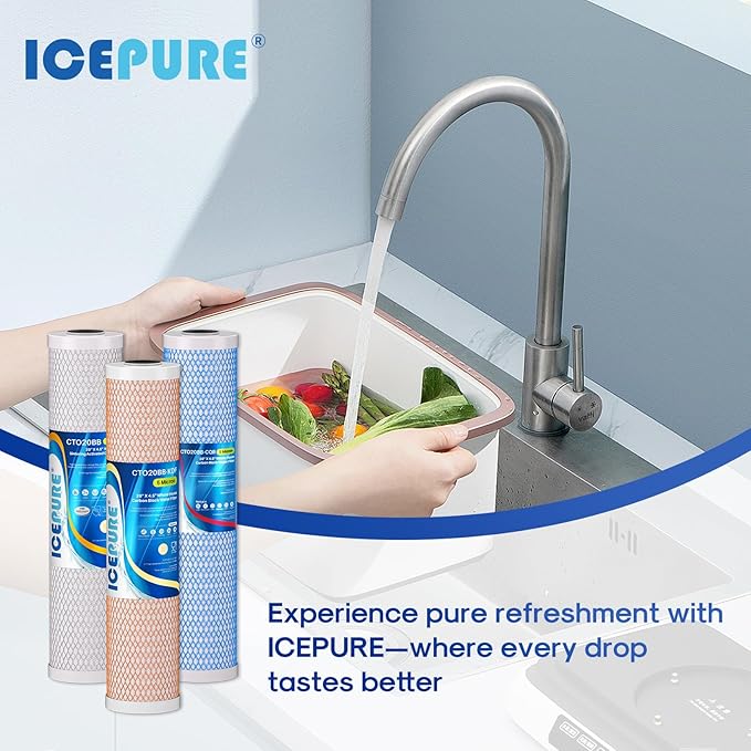 ICEPURE 4.5" x 20" Whole House CTO Carbon Water Filter, Activated Carbon Block, KDF Cartridge and Activated Carbon Lead Remove Filter Replacement Set for 3-Stage Water Filter System, Pack of 1