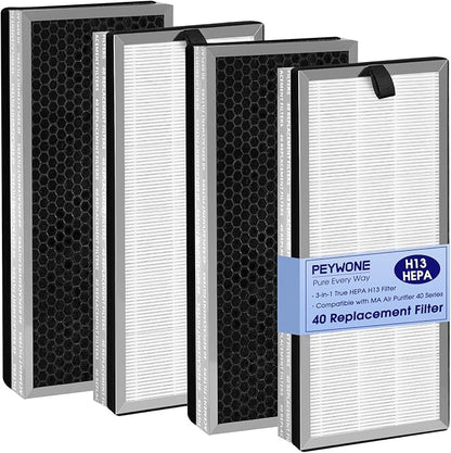 40 Replacement Filter Compatible with MA Air Purifier 40 Series, 3-in-1 High-Efficiency H-13 Grade, Pre-Filter and Activated Carbon, 4 Pack