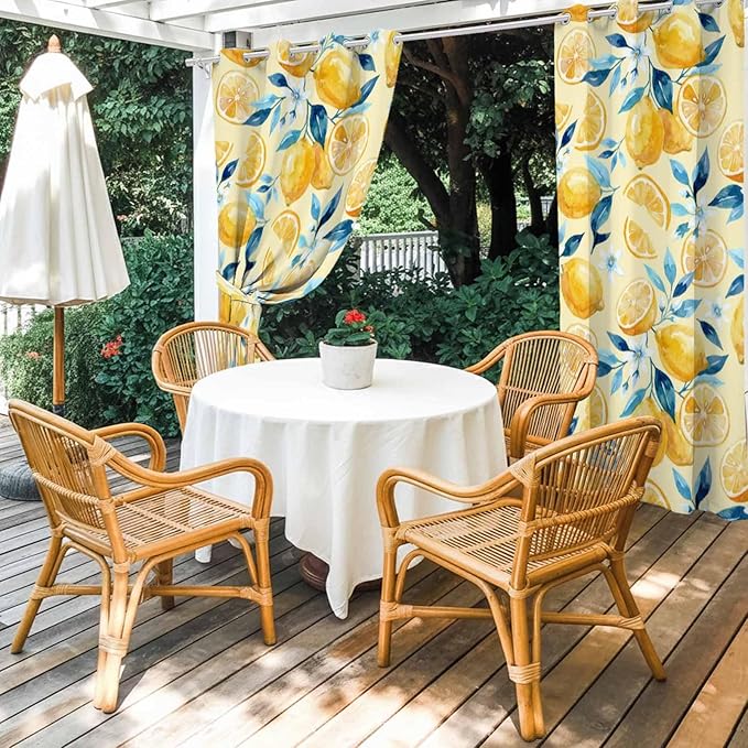 Lemon Outdoor Curtains for Patio Lemon Leaves Summer Plants Begin Waterproof Outside Curtains with Grommet Top Weatherproof Curtain for Cabana Pergola Gazebo, 1 Panel, 54" W x 108" L