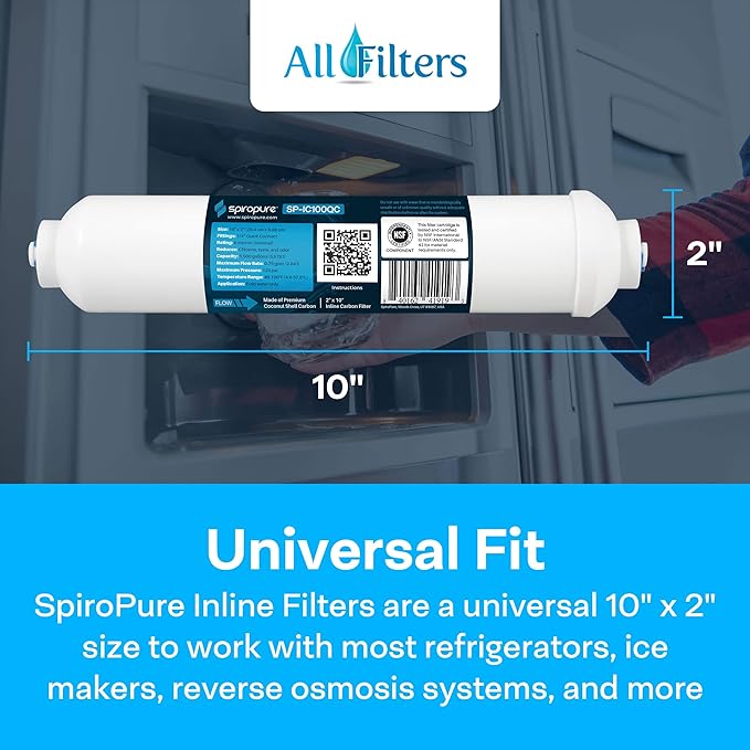 SpiroPure Inline Filter NSF Coconut Shell Granular Carbon Water Filter with 1/4" Quick-Connect, 2" x 10" (Case of 25)