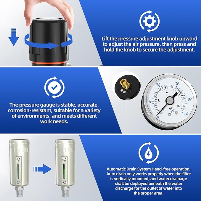 3/4" NPT Air Compressor Water Separator, Industrial Grade 3 Stage Air Drying System with 0-240 PSI Air Regulator, Particulate Filter, Coalescing Filter, Desiccant Dryer, Metal Bowl, Auto Drain