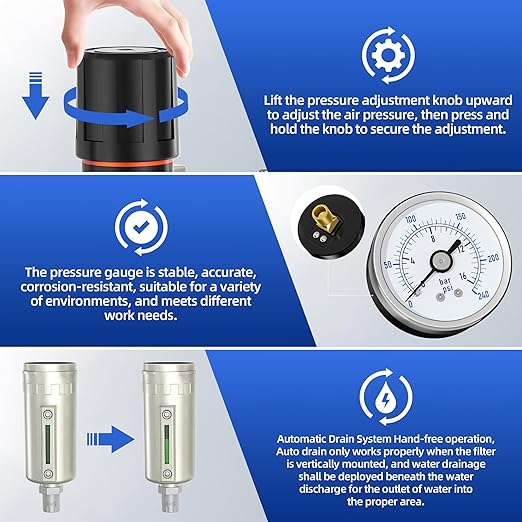 1/2" NPT Air Compressor Water Separator, Industrial Grade 3 Stage Air Drying System with 0-240 PSI Air Regulator, Particulate Filter, Coalescing Filter, Desiccant Dryer, Metal Bowl, Auto Drain