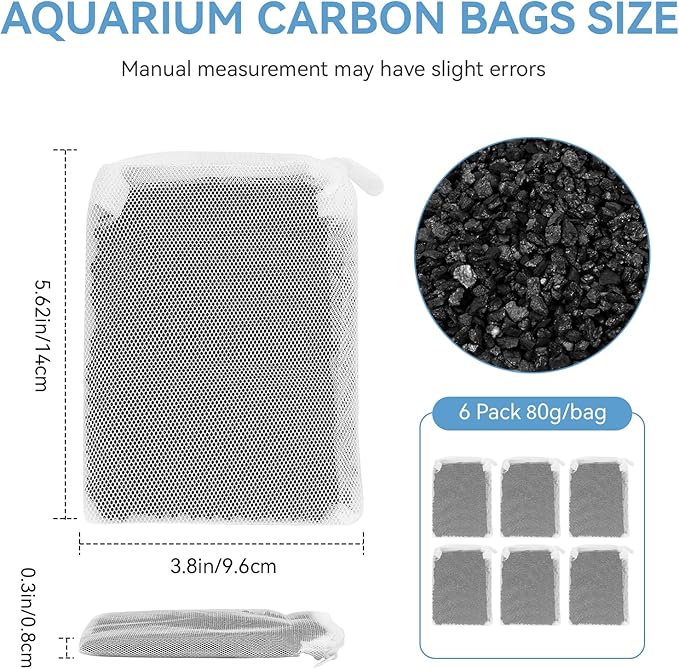 A1384 Activated Carbon Inserts for AquaClear 50 Filter, Aquariu Filter Replacement Media for Fluval up to 30-50 Gallons Aquariums, Fish Tank Activated Charcoal for Remove Odors, 6 Pack(80g/Bag)