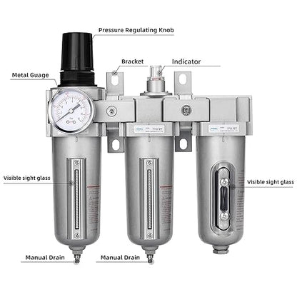 NANPU 1/2" NPT Industrial Grade 3 Stage Air Drying System - Particulate Filter, Coalescing Filter, Desiccant Dryer & Air Regulator, Metal Bowl, Manual Drain, Suitable for Paint Spray＆ Plasma Cutter