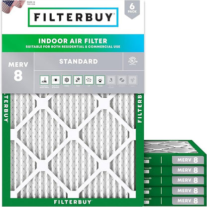 Filterbuy 19.88x21.5x1 Air Filter MERV 8 Essential Dust & Allergy Defense (6-Pack), Electrostatic Pleated HVAC AC Furnace Filters Replacement, Made in USA (Actual Size: 19.88 x 21.50 x 0.75)