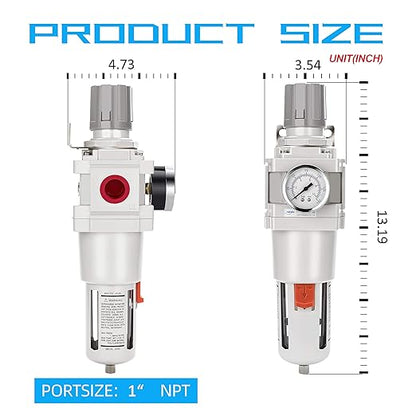 NANPU 1" NPT Compressed Air Filter Regulator Combo Piggyback, 5 Micron Brass Element, Poly Bowl, Semi-Auto Drain, Metal Bracket, 0-150 psi Gauge