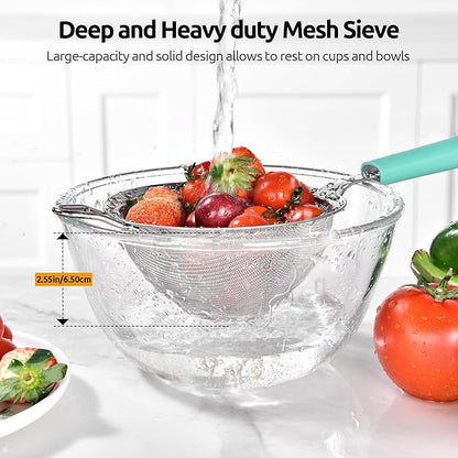U-Taste Medium Fine Mesh Strainer: 18/8 Stainless Steel 4.73in 30 Mesh Kitchen Food Sieve with Sturdy Riveted Silicone Handle, Heavy Duty Deep Handheld Metal Colander for Rice, Quinoa, Flour(Aqua Sky)