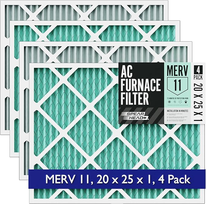 Spearhead [20x25x1, 4-PK] MERV 11+ EPA-Registered Odor Defense HVAC AC Furnace Filter w/Rigid Frame, Clog-Free Design, Verified Efficiency & Quiet Filtration