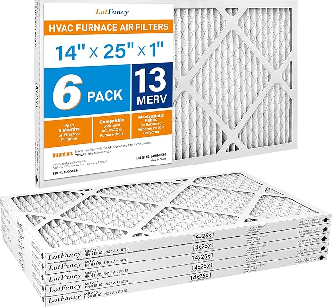 LotFancy 14x25x1 Air Filter MERV 13 6-Pack, Electrostatic Pleated HVAC Furnace Air Filter, Captures Pet Dander Smog Smoke, Actual Size: 13.75"x24.75"x0.75"