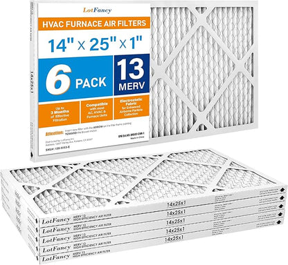 LotFancy 14x25x1 Air Filter MERV 13 6-Pack, Electrostatic Pleated HVAC Furnace Air Filter, Captures Pet Dander Smog Smoke, Actual Size: 13.75"x24.75"x0.75"