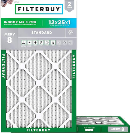Filterbuy 12x25x1 Air Filter MERV 8 Essential Dust & Allergy Defense (2-Pack), Electrostatic Pleated HVAC AC Furnace Filters Replacement, Made in USA (Actual Size: 11.75 x 24.75 x 0.75)