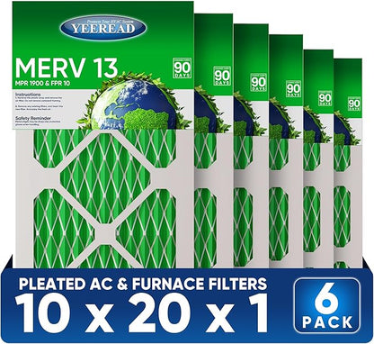 10x20x1 MERV 13 Air Filters, 6-Pack, Actual Size: 9.70" x 19.70" x 0.75", Pleated Design with Enhanced Filter Media for Superior Filtration,Perfect for HVAC, AC & Furnace Systems
