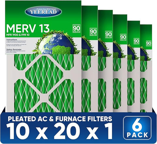 10x20x1 MERV 13 Air Filters, 6-Pack, Actual Size: 9.70" x 19.70" x 0.75", Pleated Design with Enhanced Filter Media for Superior Filtration,Perfect for HVAC, AC & Furnace Systems