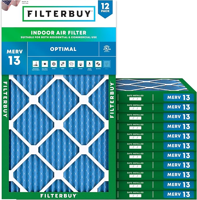 Filterbuy 20x30x1 Air Filter MERV 13 Optimal Smoke & Allergy Defense (12-Pack), Electrostatic Pleated HVAC AC Furnace Filters Replacement, Made in USA (Actual Size: 19.63 x 29.63 x 0.75)