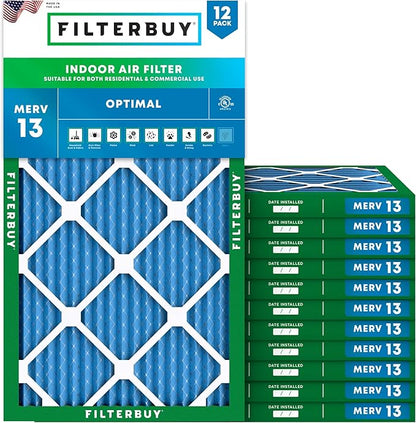 Filterbuy 20x30x1 Air Filter MERV 13 Optimal Smoke & Allergy Defense (12-Pack), Electrostatic Pleated HVAC AC Furnace Filters Replacement, Made in USA (Actual Size: 19.63 x 29.63 x 0.75)