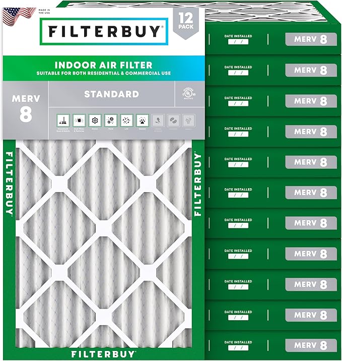 Filterbuy 10x20x2 Air Filter MERV 8 Essential Dust & Allergy Defense (12-Pack), Electrostatic Pleated HVAC AC Furnace Filters Replacement, Made in USA (Actual Size: 9.50 x 19.50 x 1.75)
