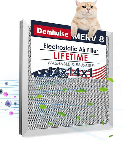 14x14x1 Electrostatic Air Filter, 8 Stage Washable Aluminum AC/HVAC Furnace Filter, Reusable Lifetime Permanent Air Filter, Easy to Clean,Increases Airflow(Actual Size:13.50x13.50x0.82)