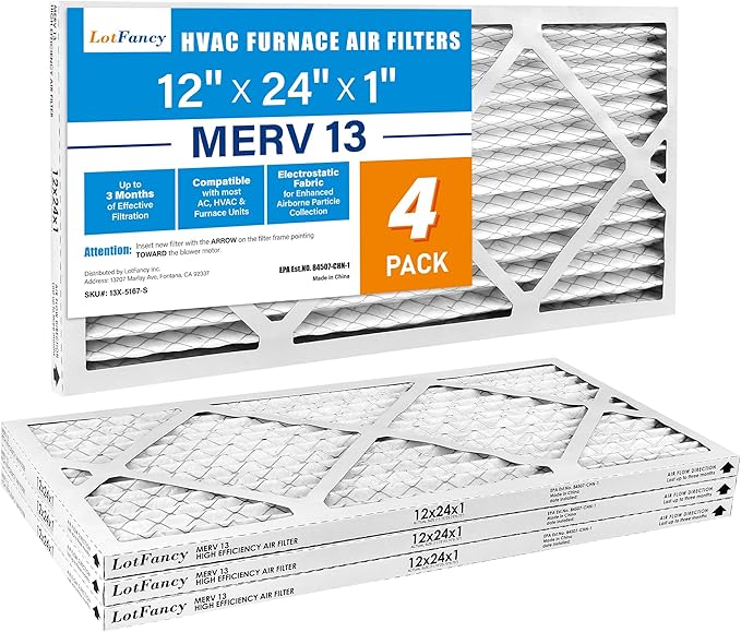 LotFancy 12x24x1 Air Filter MERV 13 4-Pack, Electrostatic Pleated HVAC Furnace Air Filter, Captures Pet Dander Smog Smoke, Actual Size: 11.75"x23.75"x0.75"