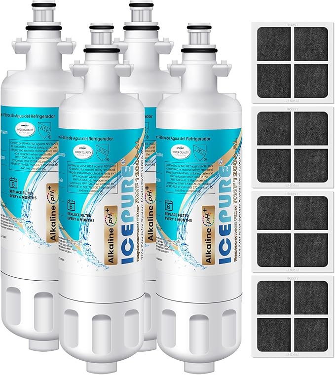 ICEPURE Alkaline ADQ36006101 Refrigerator Water Filter and Air Filter Replacement for LG LT700P, Kenmore Elite 46-9690, FML-3, ADQ36006102, RWF1052, CLCH106, RWF1200A, LFX28968ST, Enhances PH, 4Combo